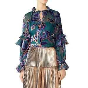 PATBO Burnout Velvet Floral Blouse Green Purple Ruffled Casual Size L